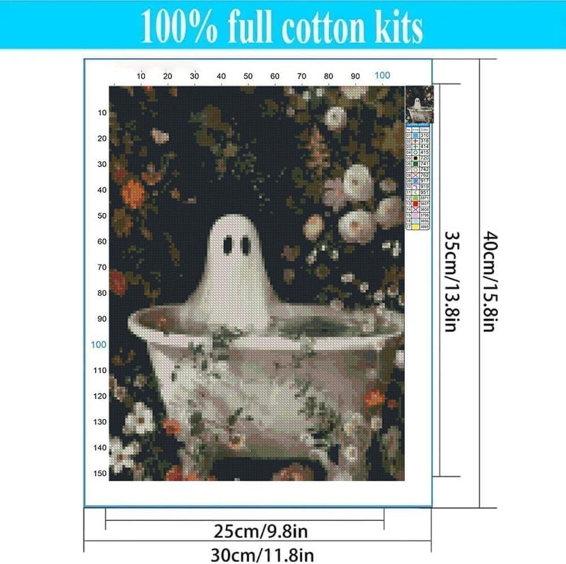 Kaixine Halloween Ghost Bathtub Stamped Cross Stitch Kits for Adults Beginner,Ghost Cross Stitch Kits Printed Stitching Patterns Dimensions Needlepoint Art Crafts Embroidery Kits for Adults Beginners 12x16 In - Image 4